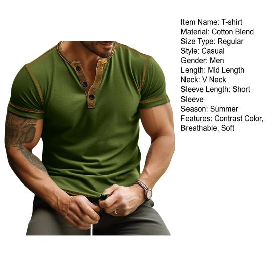 Men T-shirt Color Matching Slim Fit Button V Neck Elastic Soft Casual Pullover Short Sleeves