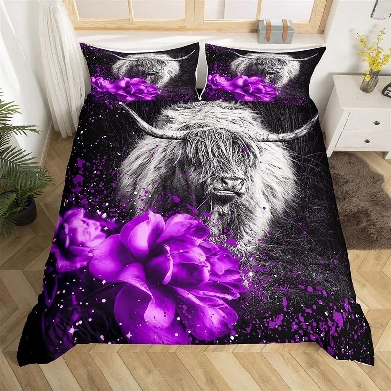 Highland Cow Duvet Cover King Queen Western Farm Animal Comforter Cover Microfiber Bull Cattle Floral Bedding Set For Kids Teen