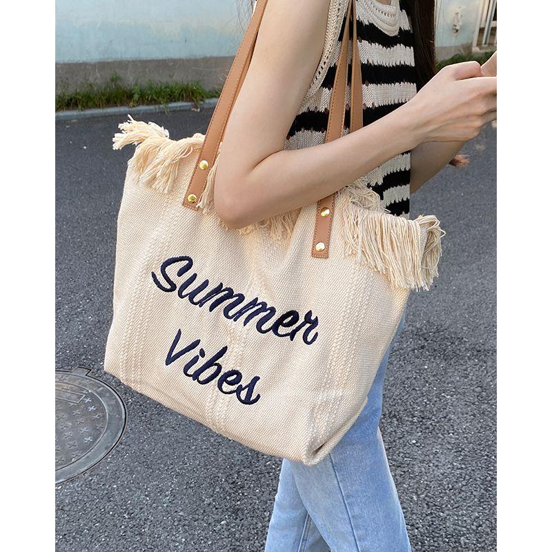 

Korean Letter Tassel Simple Commute Student s Canvas Bag Beige White
