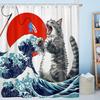 Unny Cat Japanese Ocean Wave Shower Curtain Cool Kids Anime Bathroom Decor Nautical Fabric Bath Curtain Hooks Washable Art