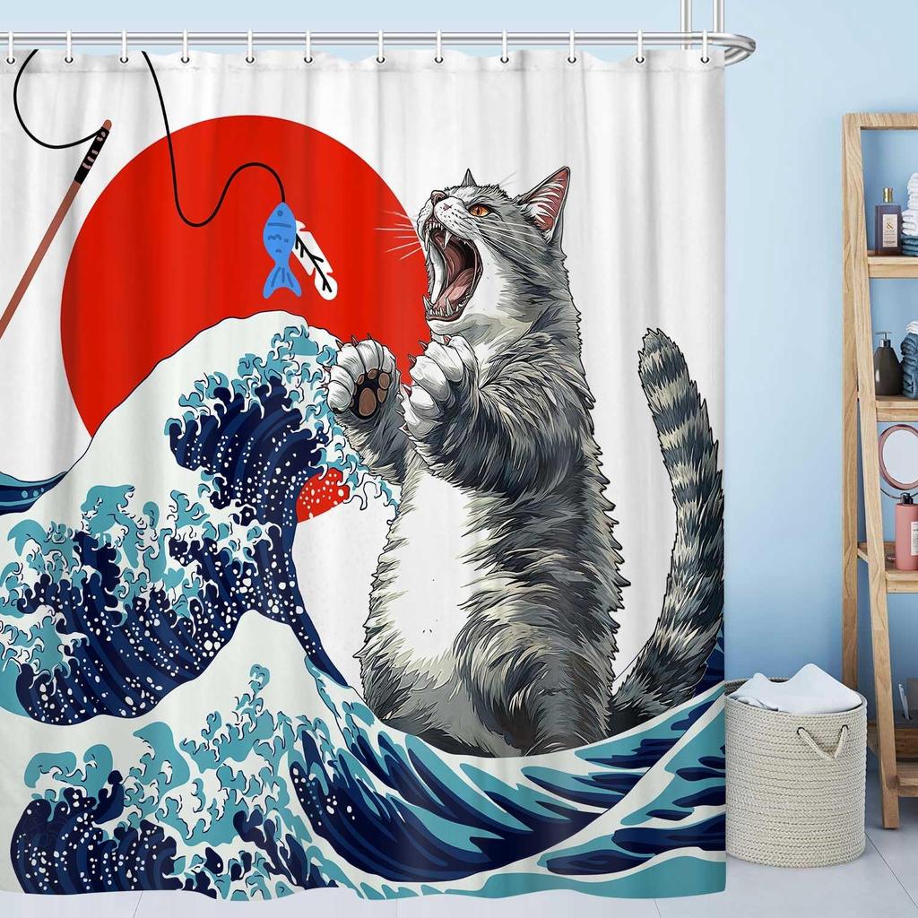 Unny Cat Japanese Ocean Wave Shower Curtain Cool Kids Anime Bathroom Decor Nautical Fabric Bath Curtain Hooks Washable Art
