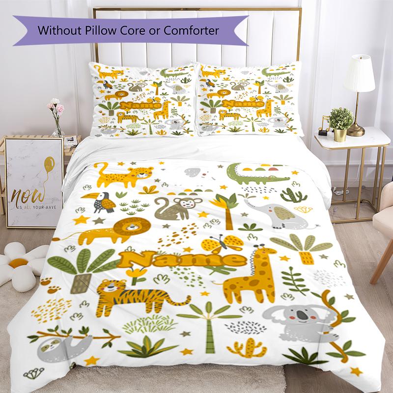 3pcs Custom Name Animals Bedding Set Duvet Cover Closure Includes 1 Duvet Cover & 2 Pillowcases, Soft and Comfortable for All Seasons.