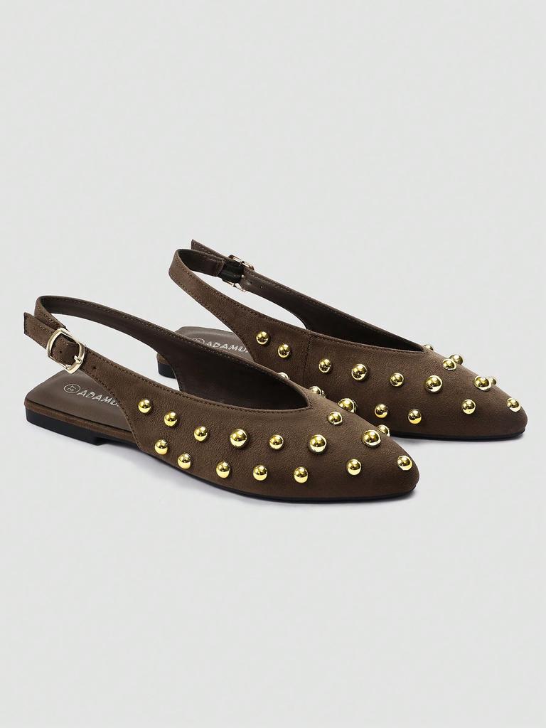 Brown Pointed Toe Mary Jane Backless Slip-on Sandals, Gold Metal Ball Decor, Adjustable Back Strap