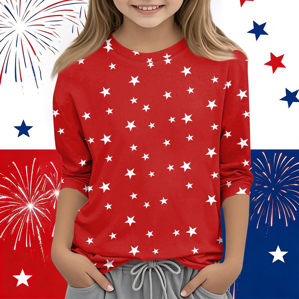 Print Tops For Youth Girls Round Neck 3/4 Sleeves T-Shirts Trendy Tops Outfit Tees Independence Day