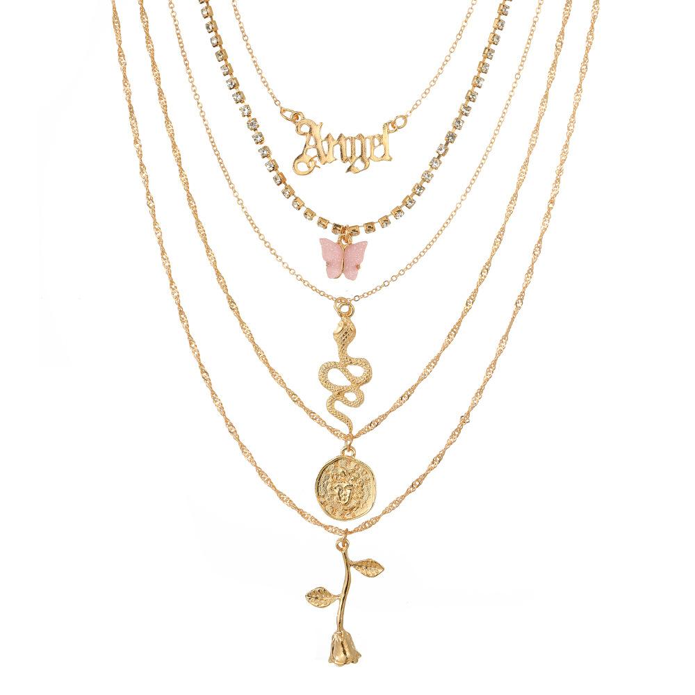 Stacked Wind Butterfly Necklace Female Rose Letter European and American Neck Chain Creative Snake Necklace