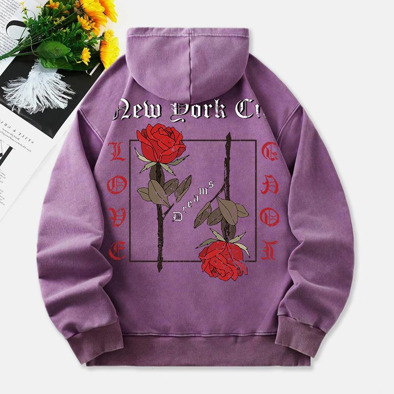 Rose Washed Hoodie Womens Vintage Letter Print Cotton Streetwears Distressed Oversized Pocket Womans Clothes
