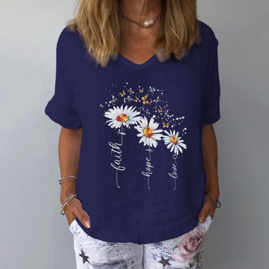 Women's Casual Print Cotton And Linen  Short Sleeves T-Shirt Blouse Tops