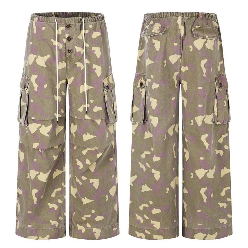 Mens Camo Cargo Pants Vintage Distressed Baggy Pleated Wide Leg Trousers Streetwear