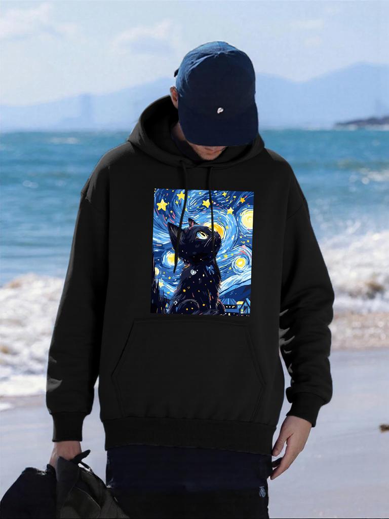 Colorful Oil Painting Cat Printing Men Hoodie Autumn Pocket Streetwear Loose Fleece Pullover Multicolor All-Match Male Hoody
