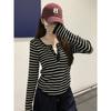 Design Sense Contrasting Color Striped Knitted Sweater Women's Spring and Autumn Semi-open Neck Nail Buckle Niche Fake Two-piece Sweater Backing Top