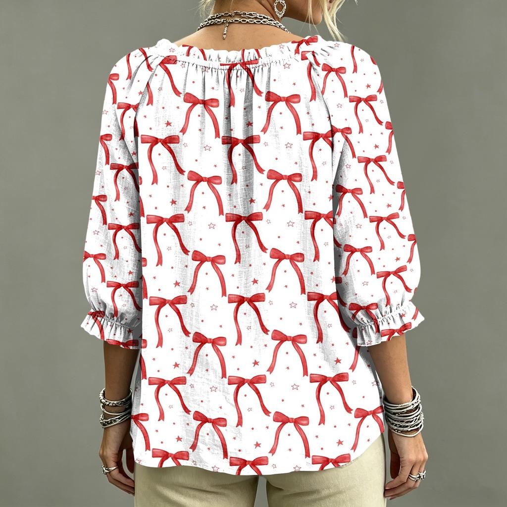 Women's Printed V-Neck Blouse with Tie and Ruffle Trim for Casual Wear