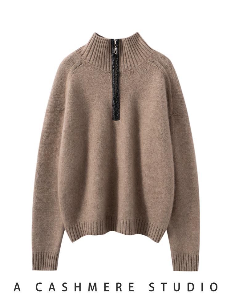 Women's 2025 Autumn/Winter Solid Color Cashmere Stand Collar Sweater - Thick, Loose, Fashionable, and Versatile Knitwear.