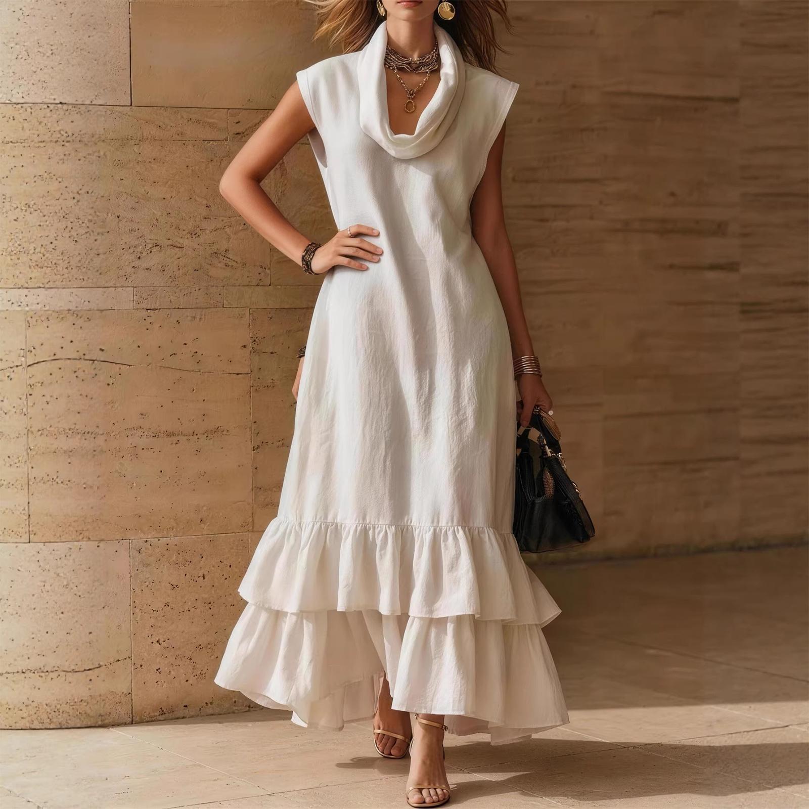 

Ladies Casual And Fashionable Pleated Sleeveless Wrap Collar Dress S белый