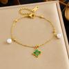 Gold Plated Clover Emerald Cubic Zirconia Pearl Bracelet