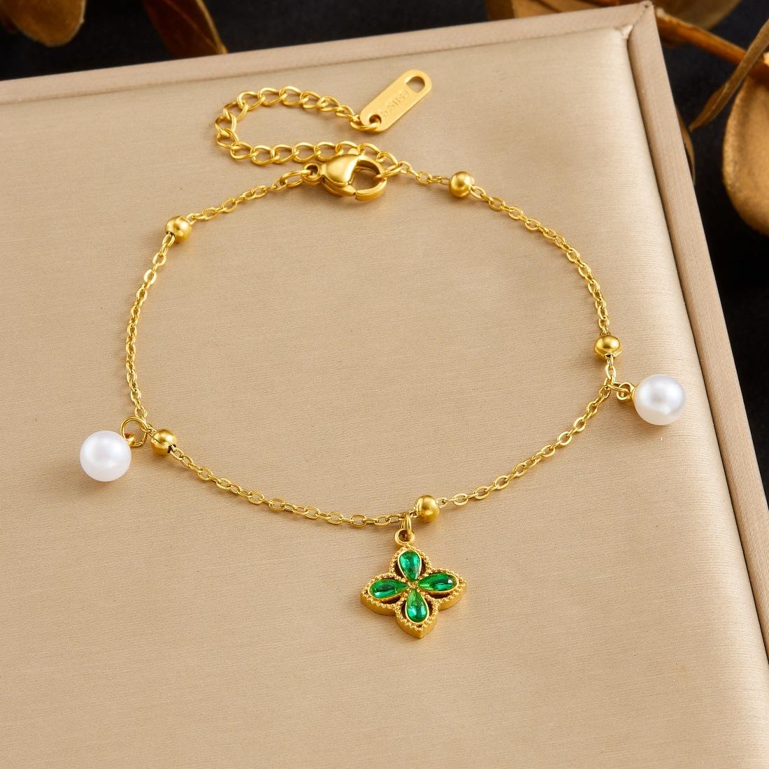 Gold Plated Clover Emerald Cubic Zirconia Pearl Bracelet зелёный