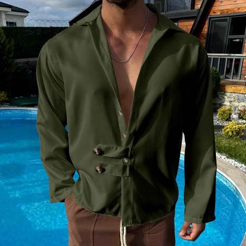 Mens Solid Color Casual Lapel Long Sleeve Shirt