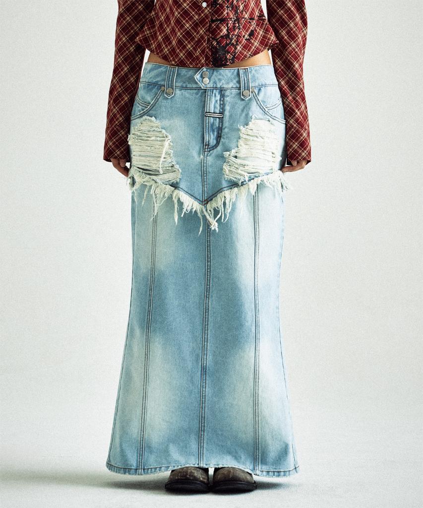 THEVINYLHOUSE Destroyed Double Denim Skirt Light Blue