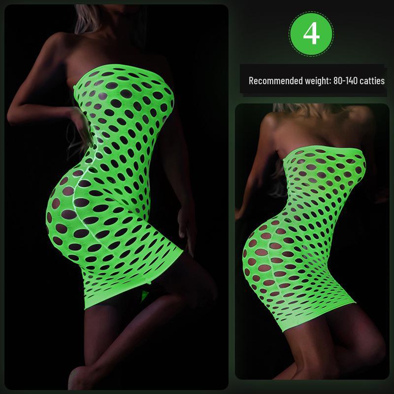 Glow-in-the-Dark Sexy Fishnet Bodysuit with Fluorescent Bandeau and Plus Size Glowing Stockings
