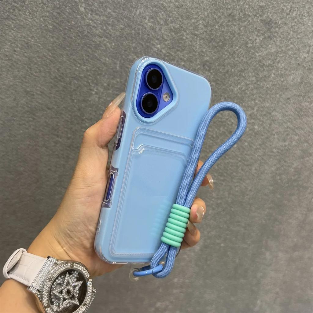 Wrist Strap Card Slot Po Clip Soft Shockproof Case For iPhone 17 16 15 14 Plus 13 12 Pro Max 11 Candy Color Lanyard Cover