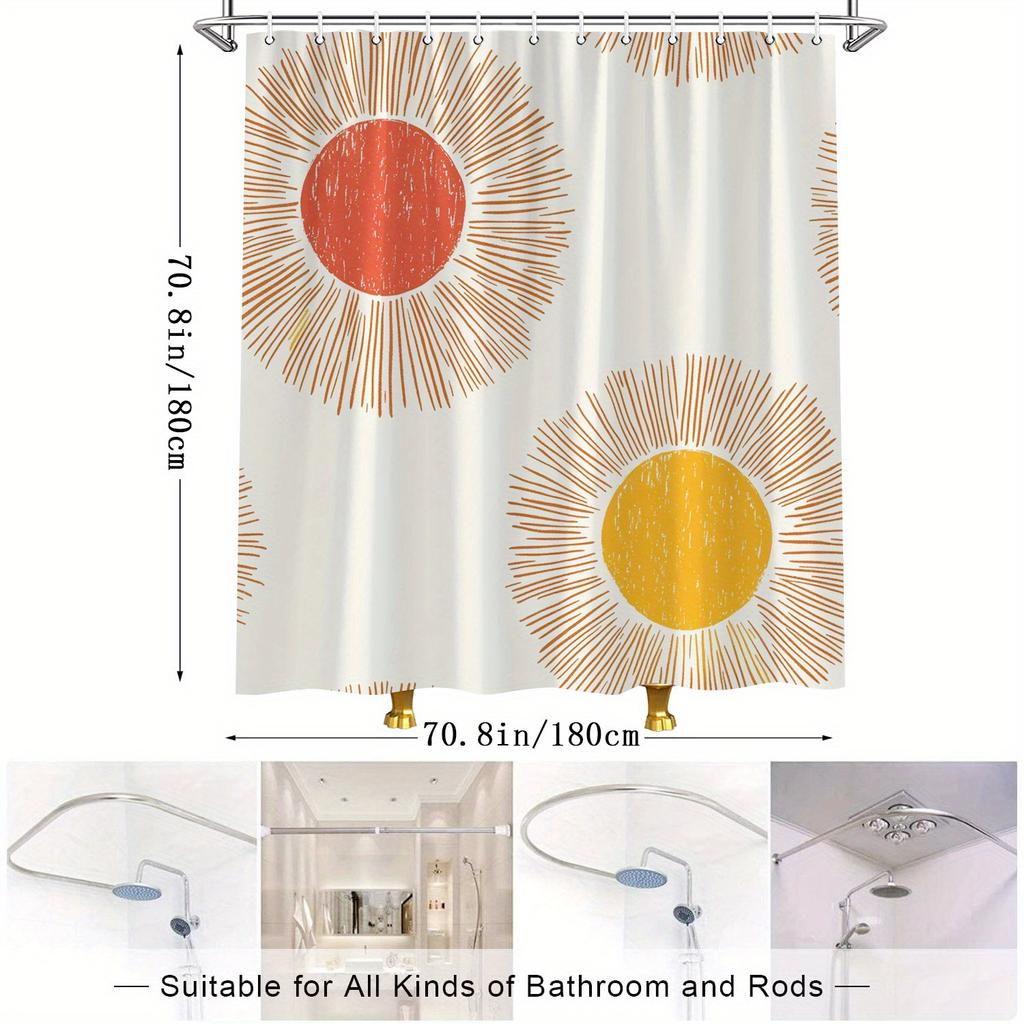 Mid-Century Modern Sunburst Shower Curtain – Cream with Orange & Yellow Radiant Lines, Polyester   for Stylish Bathroom Decor