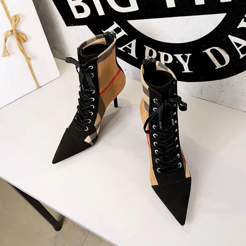 Damen Mode Stiefel Neu Party Knöchel Stiefel Schnürung 8CM Stiletto Koreanische Version Mode Spitze Trend Damenschuhe