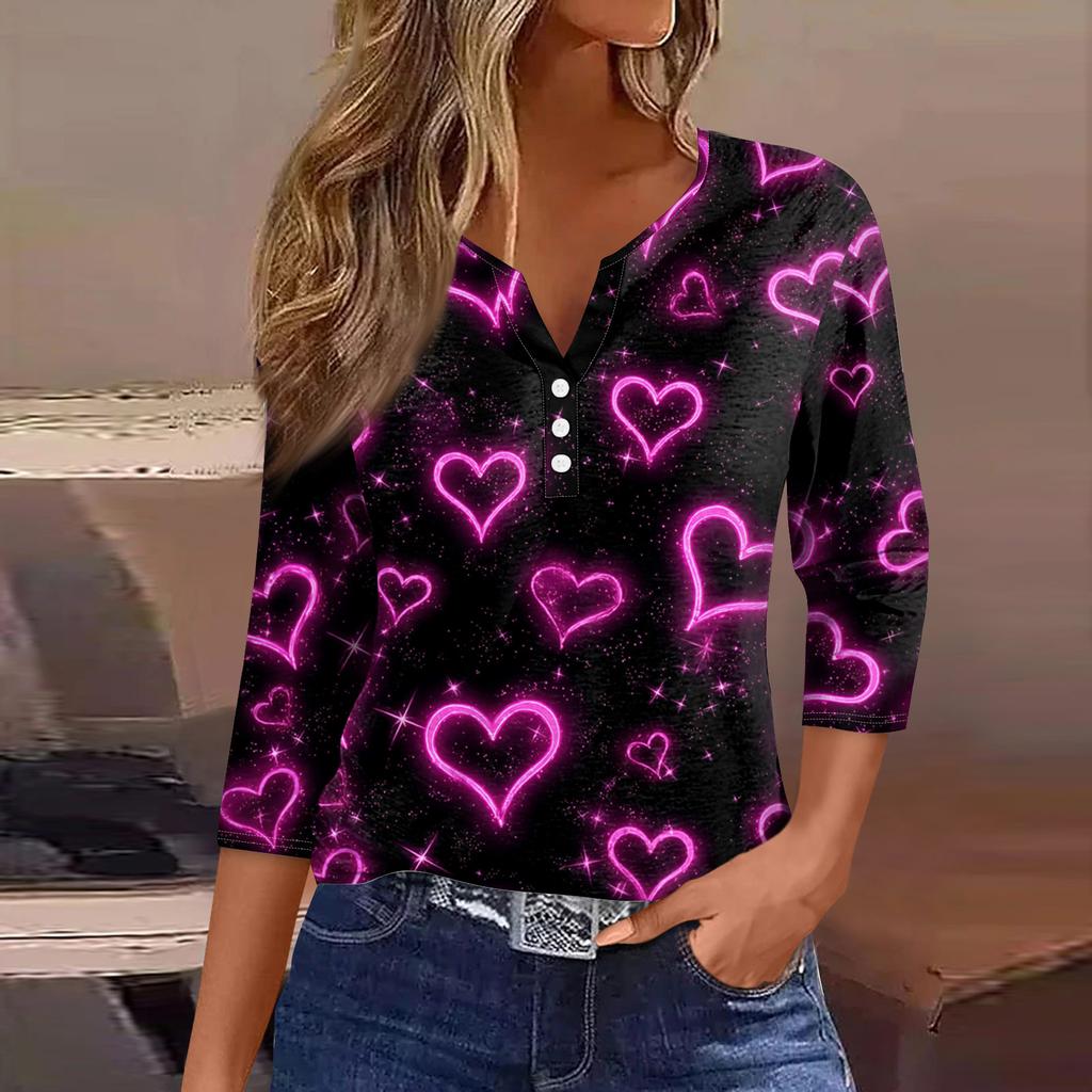 Women's  collar Valentine's Day print short-sleeved T-shirt top