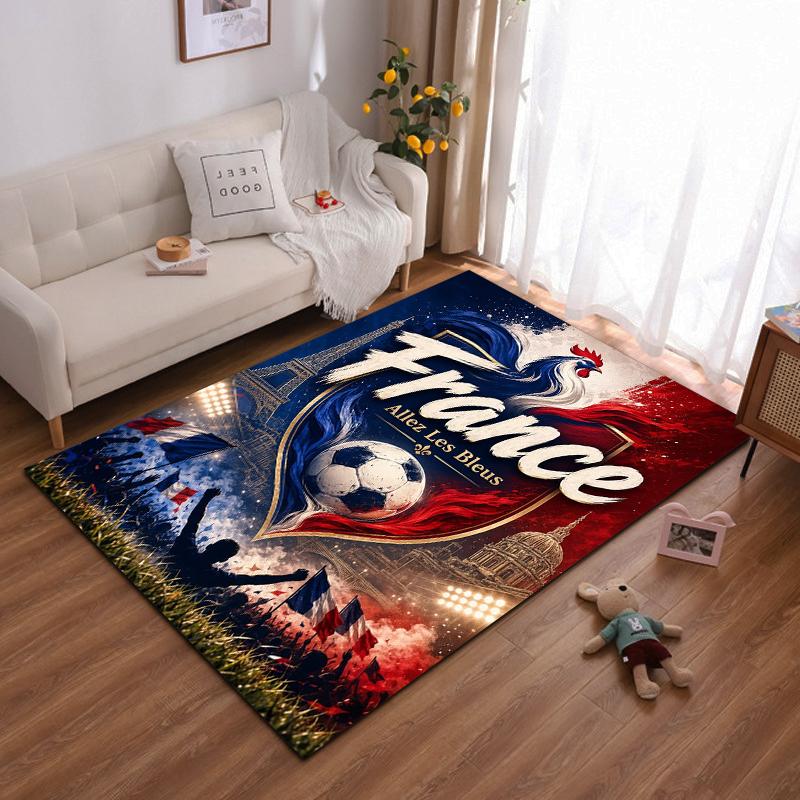 France Football Theme Rug with Eiffel Tower Design, Non-slip rug suitable for living room and bedroom sofas.