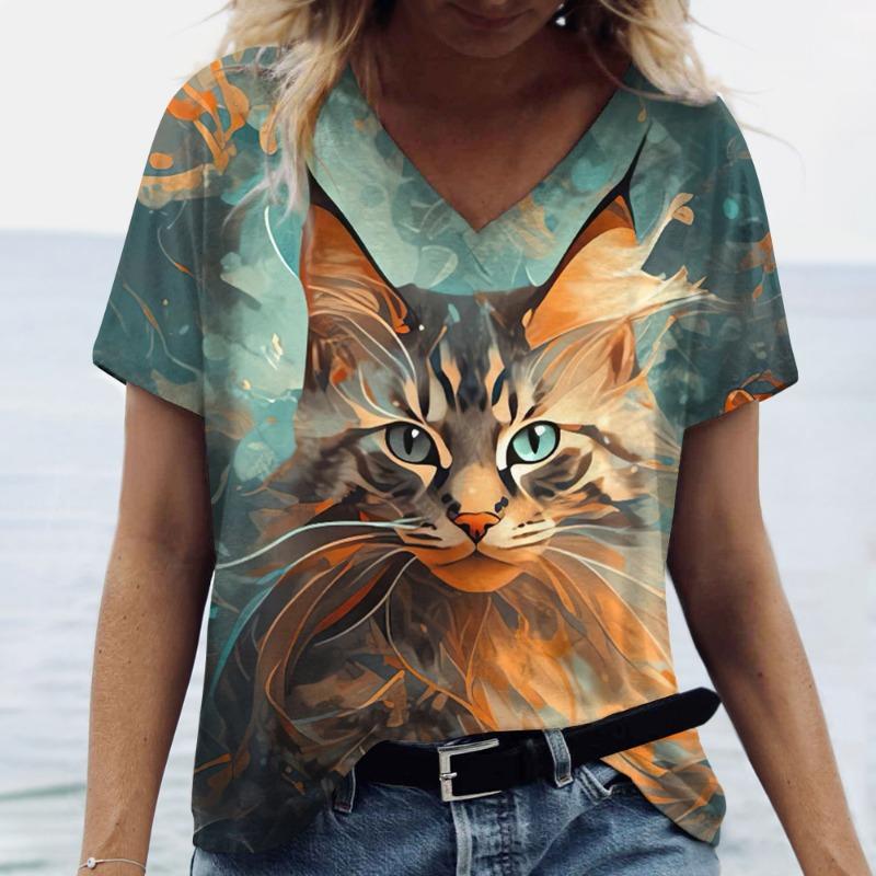 Dam V-ringad Kortärmad T-shirts Djurtryckta Sommarkläder Söta Tecknade Kattkvinna T-shirts 2024 Nya Streetwear Toppar