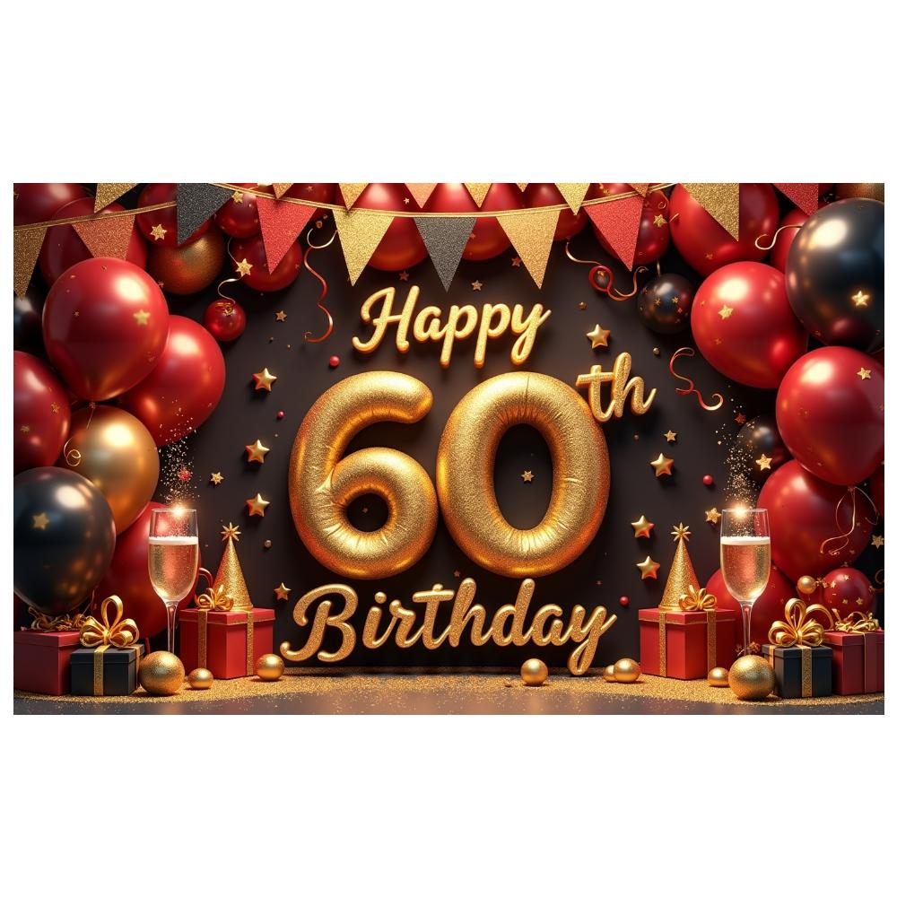 60th Birthday Backdrop Glitter Gold Finish Happy 60th Birthday Banner Birthday Photo Display Champagne Glass Elements