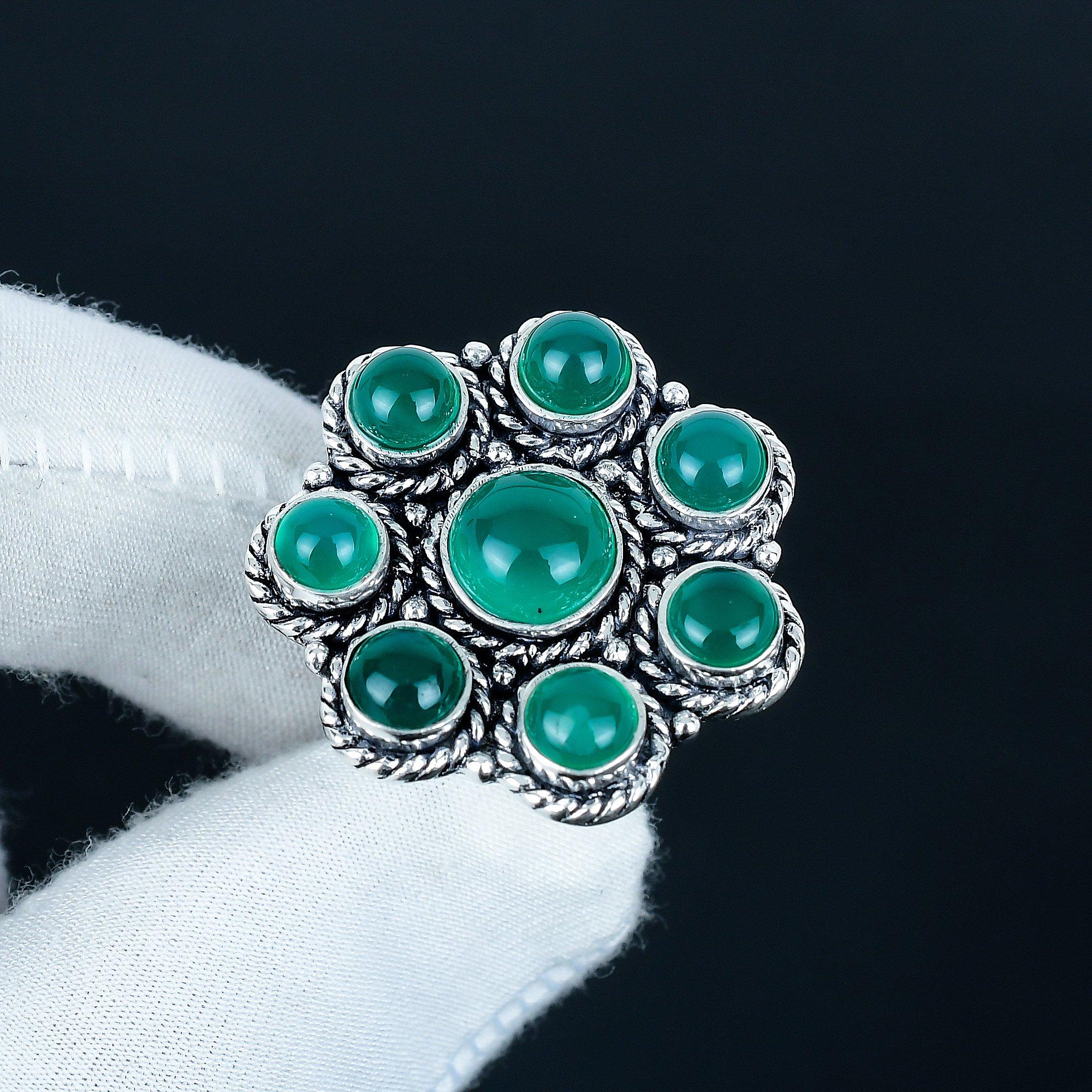 

Кольцо ручной работы из натурального зеленого оникса и серебра 925 пробы - Кольцо в богемном стиле - Украшения в стиле бохо ручной работы для женщин и мужчин, Подарки на день рождения US 10 зелёный