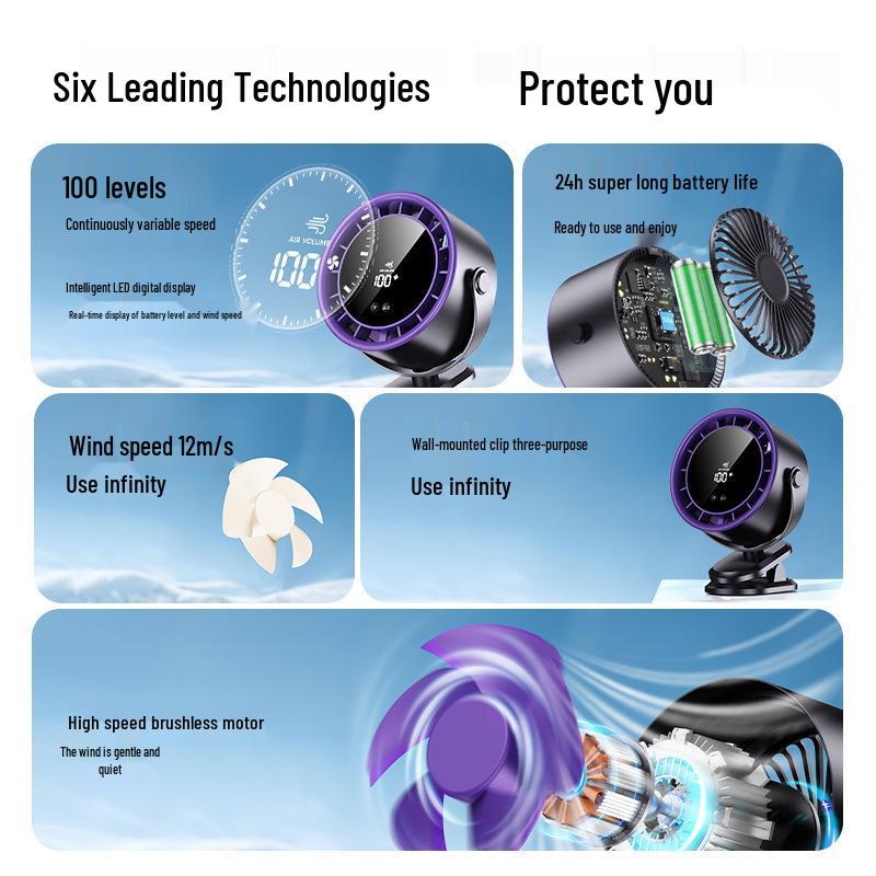 New High-Speed Clip-On Fan: 100 Gears, Digital Display, Wall-Mountable, Rechargeable for Home or Office Use