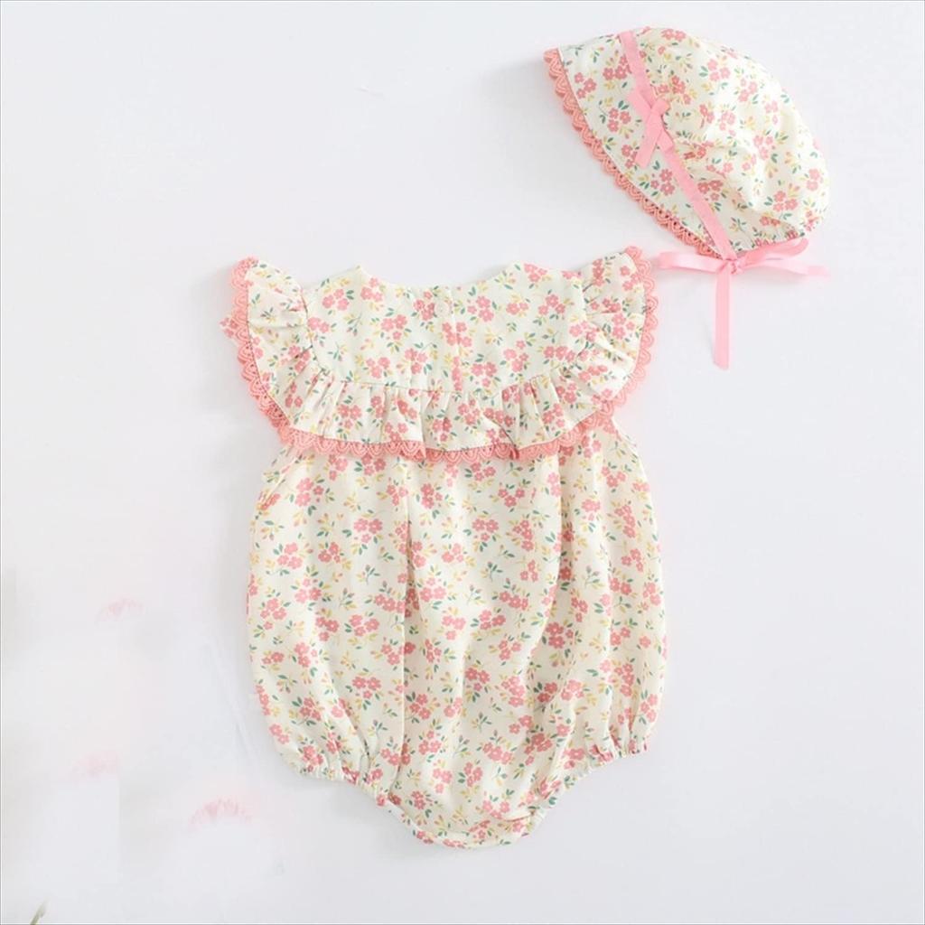 Romper Bodysuit Jumpsuit Summer Flower Floral Baby Newborn Hat Set Girls Pink 6Months [Misia Luxury] [27146-27155]