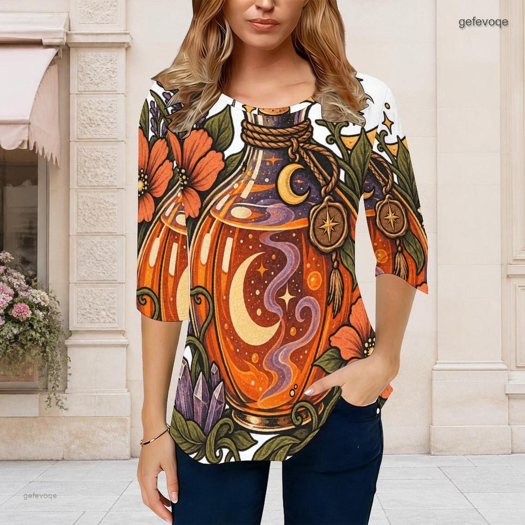 Women Plus Size Round Neck 3 4 Sleeve T Shirt Cartoon Tiger Printed Curved Hem With Pockets