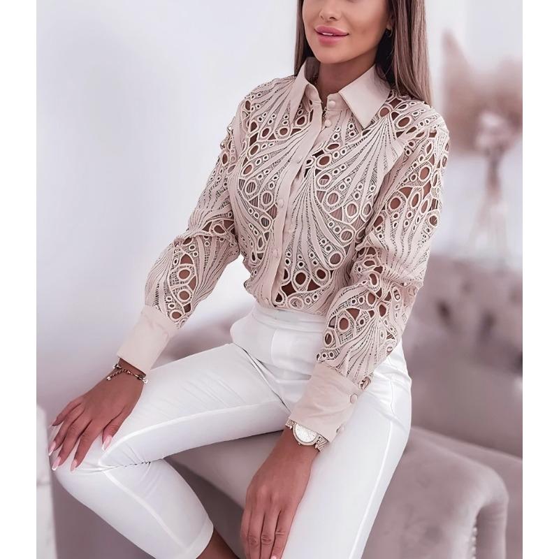 Fashion Lace Hollow Out Long Sleeve Office Shirt Women Spring and Autumn Loose Casual Versatile Commuter Blouse Lapel Simple Solid Color Clothing
