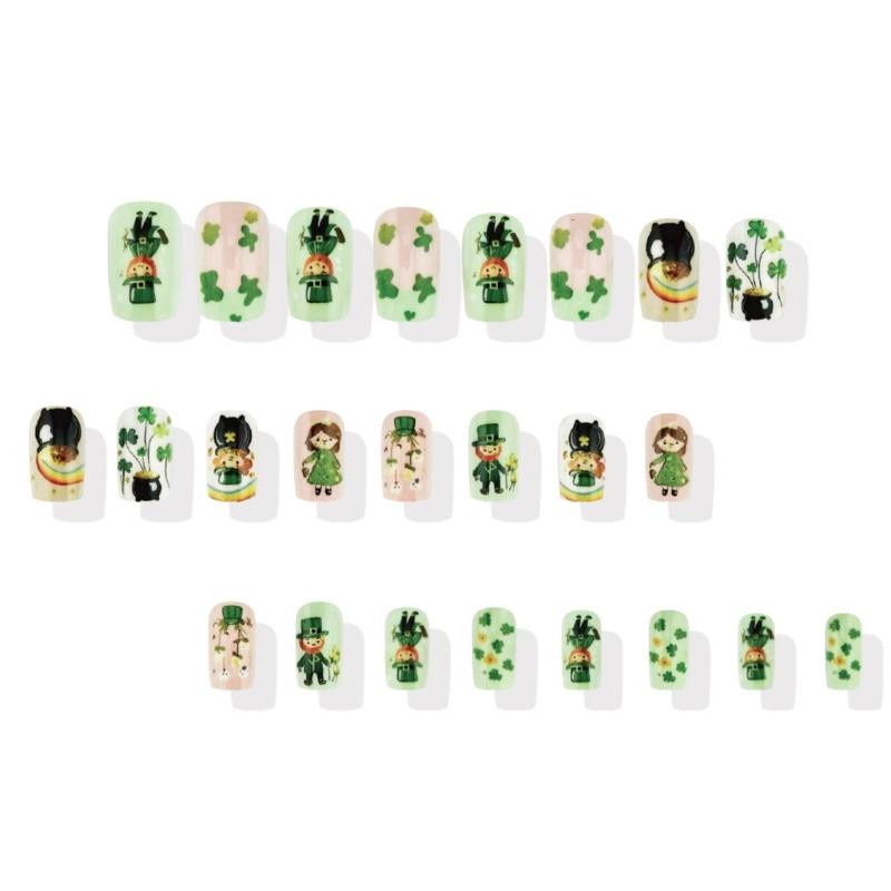 Square Press on Nail Shamrock Fake Nail Stick on Nail 12 Size,24 Pcs French Nail Tips for DIY Nail Art Decorations
