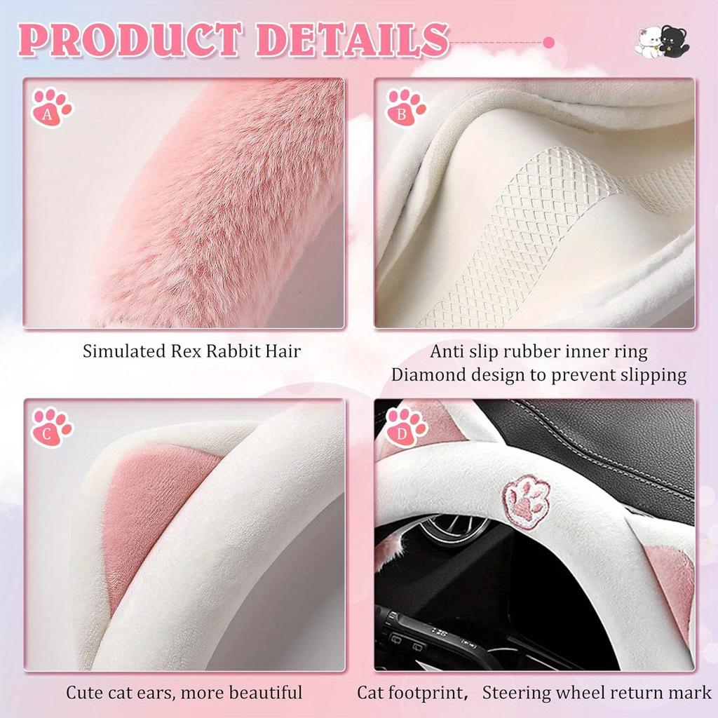 Pembe Sevimli Kedi Kış Sıcak Peluş Otomatik Araba Direksiyon Simidi Kılıfı Kadınlar Kızlar için, Kadınlar için Tüylü Direksiyon Simidi Kılıfları, Evrensel 38cm Araba Aksesuarları
