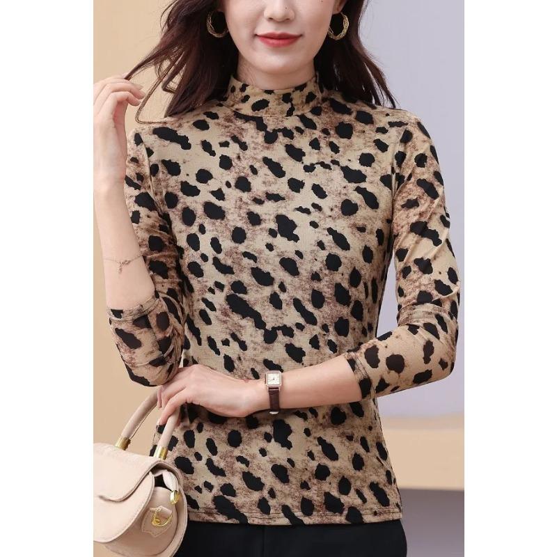 Autumn Women's Leopard Print Turtleneck Top Casual Slim Fit Long Sleeve Bottoming Shirt