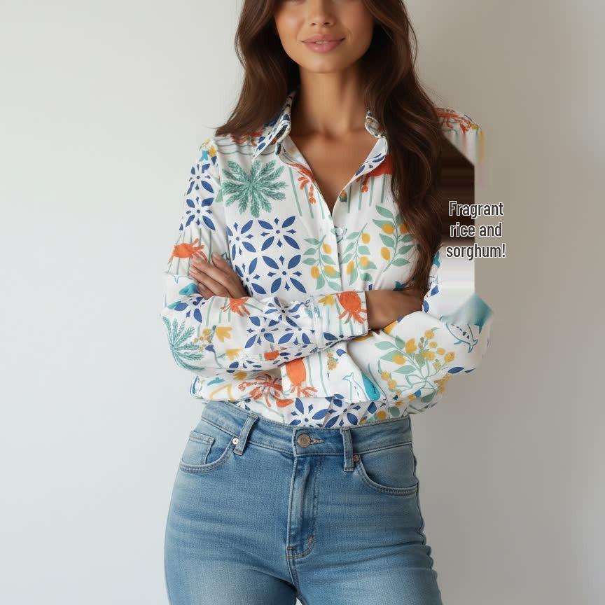 2026 Women s Floral Print Relaxed Fit Lapel Long Sleeve Shirt XXL