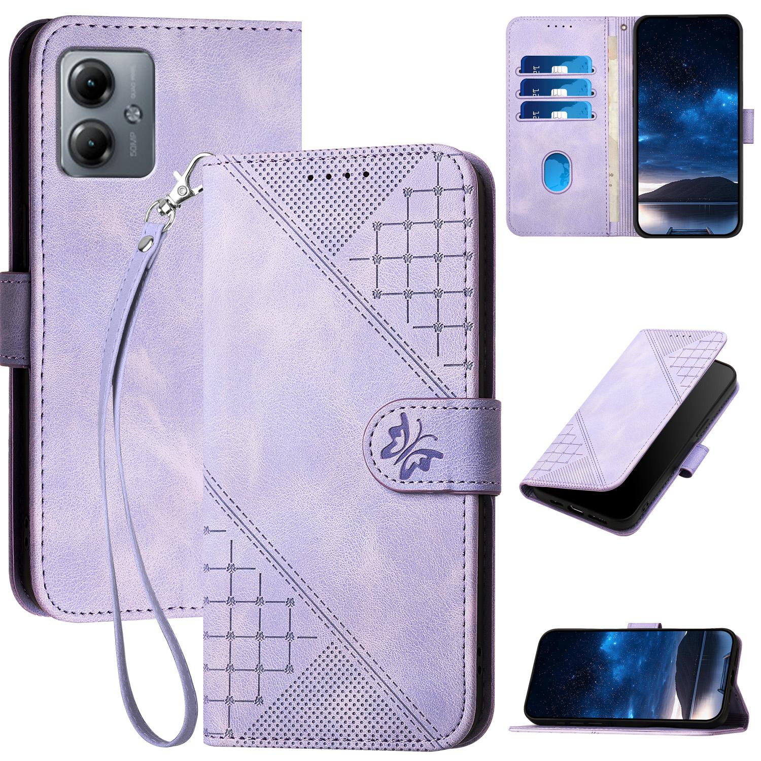 

For Motorola Moto G54 5G/G14 4G Leather Wallet Case Butterfly Flower Imprinted Phone Cover with Strap A