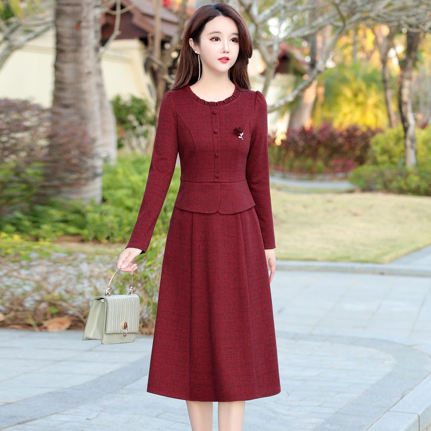 2026 Spring Korean Style Slim Fit Faux Two-Piece Dress - Elegant Round Neck Midi for Women XXL красный