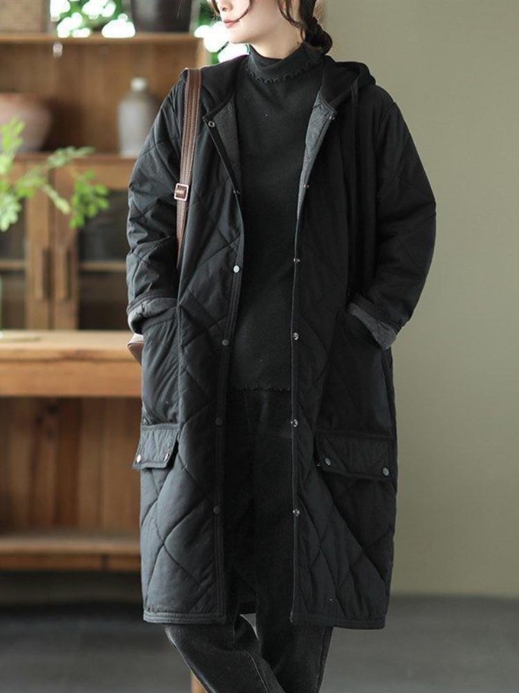 Toamnă Vintage Plus Size Palton rombic cu glugă Femei Iarnă Nouă Jachetă din bumbac Largi Casual Lungime mijlocie Jachete din bumbac căptușite în contrast de culoare