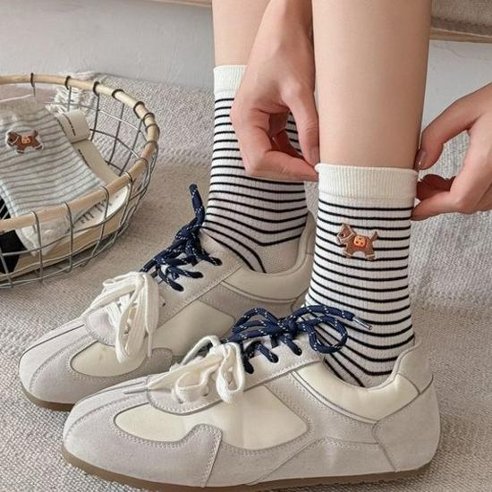 Striped Women's Mid-Calf Socks - Cute Cartoon Horse, Spring/Summer Pure Cotton, Trendy Japanese School Style.