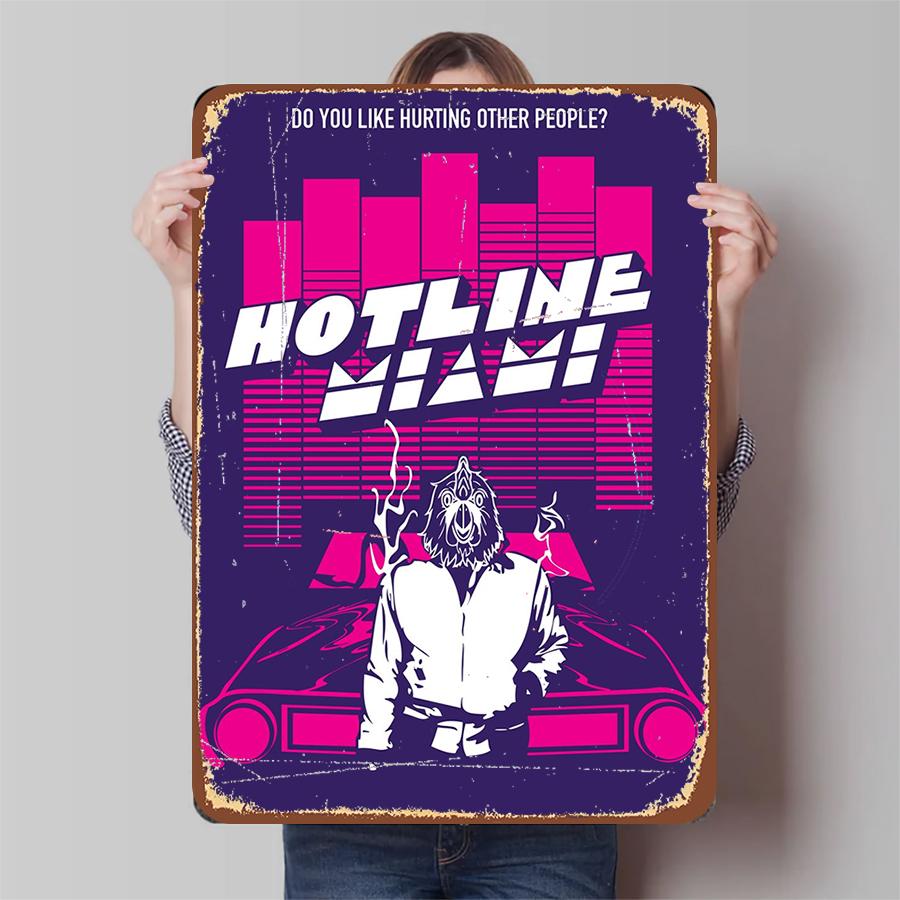 

Hotline Miami Game Poster Metal Wall Art Decor with Classic Character and City Skyline Design for Game Room Home Decoration 20x30cm（7.8x11.8inch）