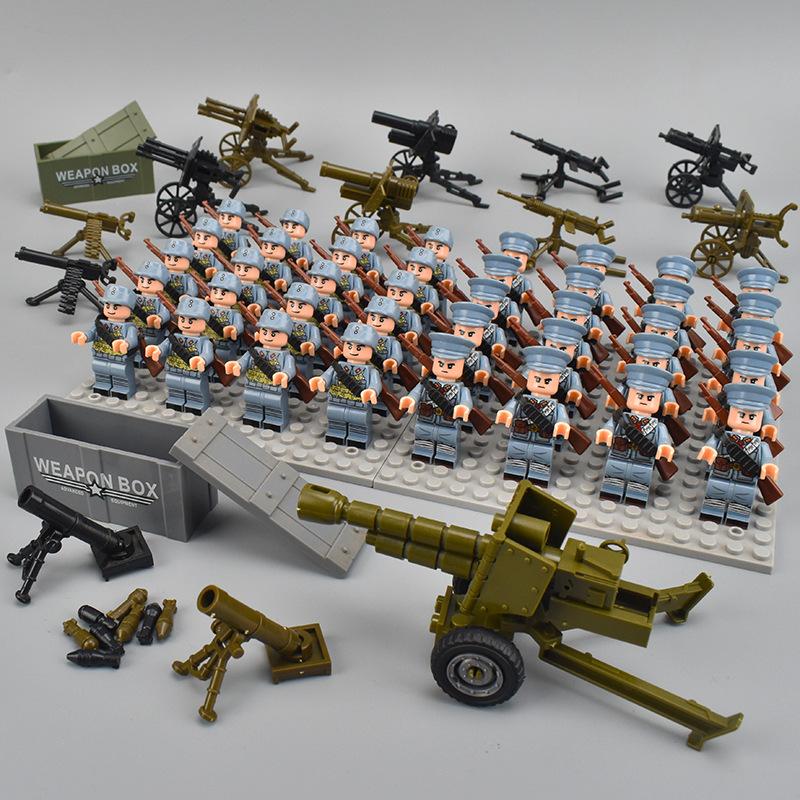 40pcs WW2 Military Figures Building Blocks Army Soldier Battlefield Machine Gun Weapons Bricks Kids Toy