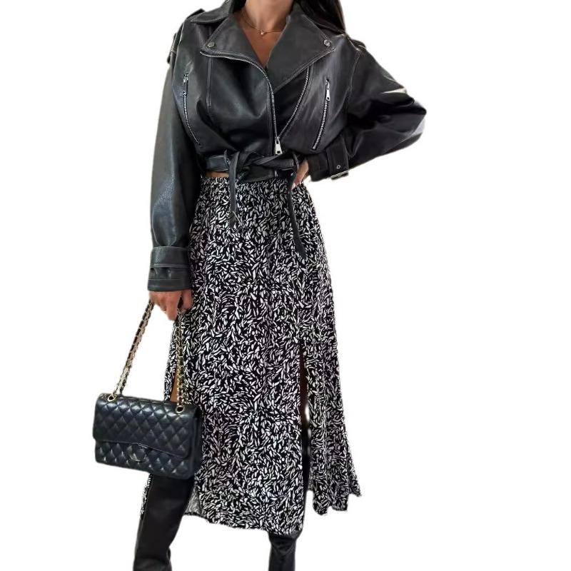 Herbst Damenmode Hohe Taille Schmal Geteilter Bedruckter Halbkörperrock