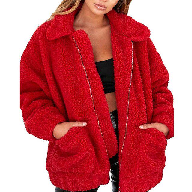 Oversized Faux Teddy Bear Coat  Autumn Winter Warm Thick Bomber Jacket Women Fuzzy Zipper Jackets