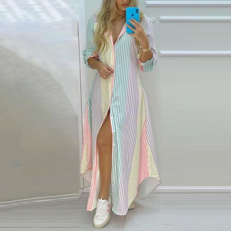 Rochie midi tip cămașă sexy pentru femei, cu mâneci lungi, imprimeu și nasturi simpli