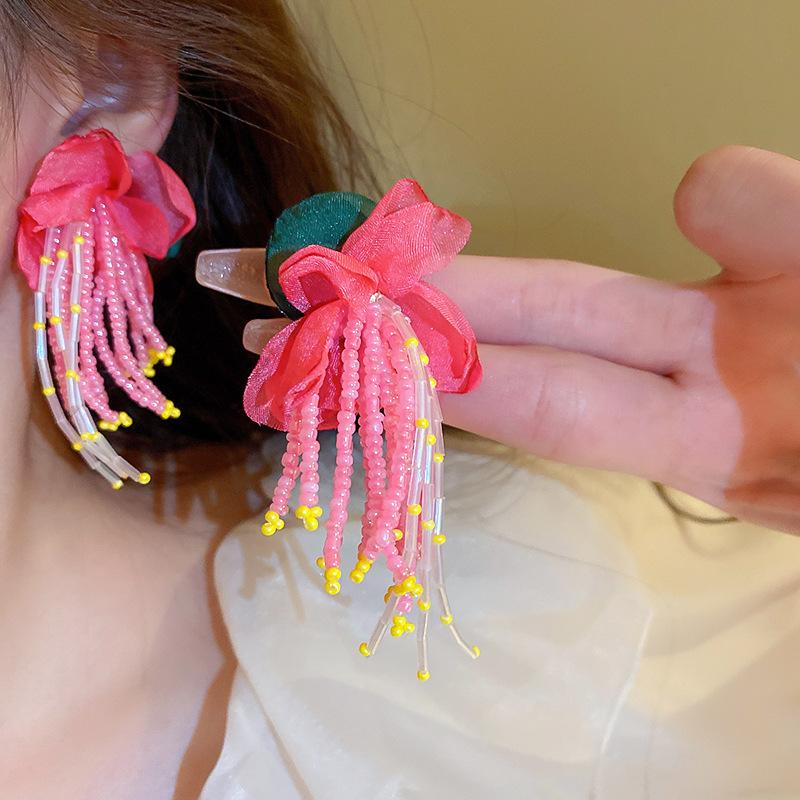 French Burgundy Love Petal Fringed Earrings Niche Fashion Trendy Stud Earrings Earrings Women