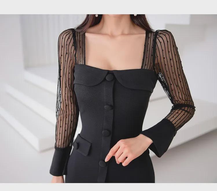 Hepburn Style Korean Dress: Square Collar, Mesh Sleeves, Elegant Hip Skirt for Women - Autumn Collection