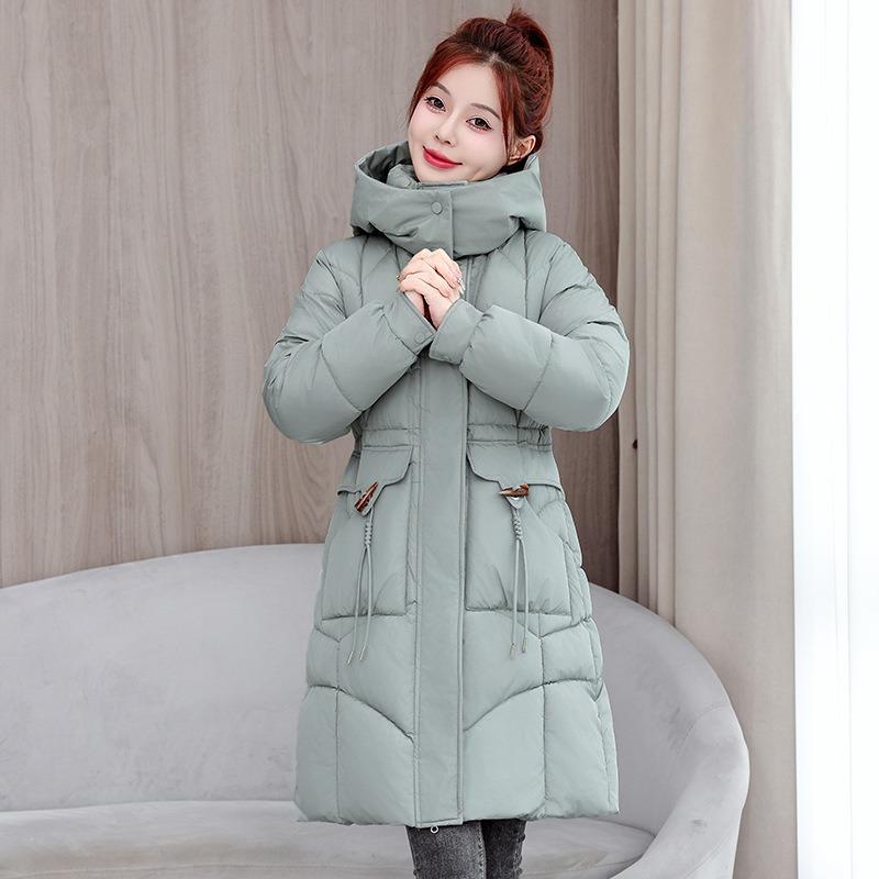New Waist Drawstring Jacket Live Hat Medium and Long Down Cotton Clothes Thickened Slim Women's Cotton Clothes